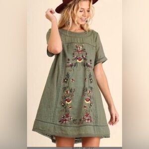 Umgee USA Boutique Women's Medium Green Floral Embroidered Boho Dress